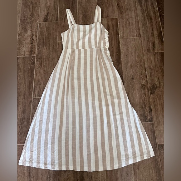 Mango A-Line Linen Dress Sz 2 Square Neck Midi Side Buttons Tan White Stripe New - Picture 4 of 8